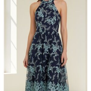 FRANCESCA’S Halter Sleeveless Embroidered Midi Dress, Women’s XS, Blue